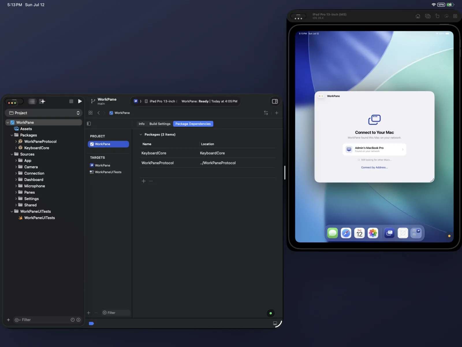 WorkPane on iPad showing the Connect to Your Mac screen, with the Mac found on the network